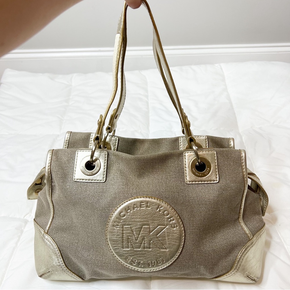 Michael Kors Gold Canvas Leather Tote Bag